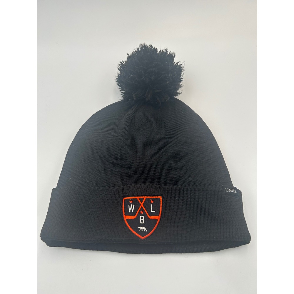 UNRL Black Knit Pom Beanie Hat Orange Shield Logo #18 Thermal Lining B914 - Picture 1 of 6
